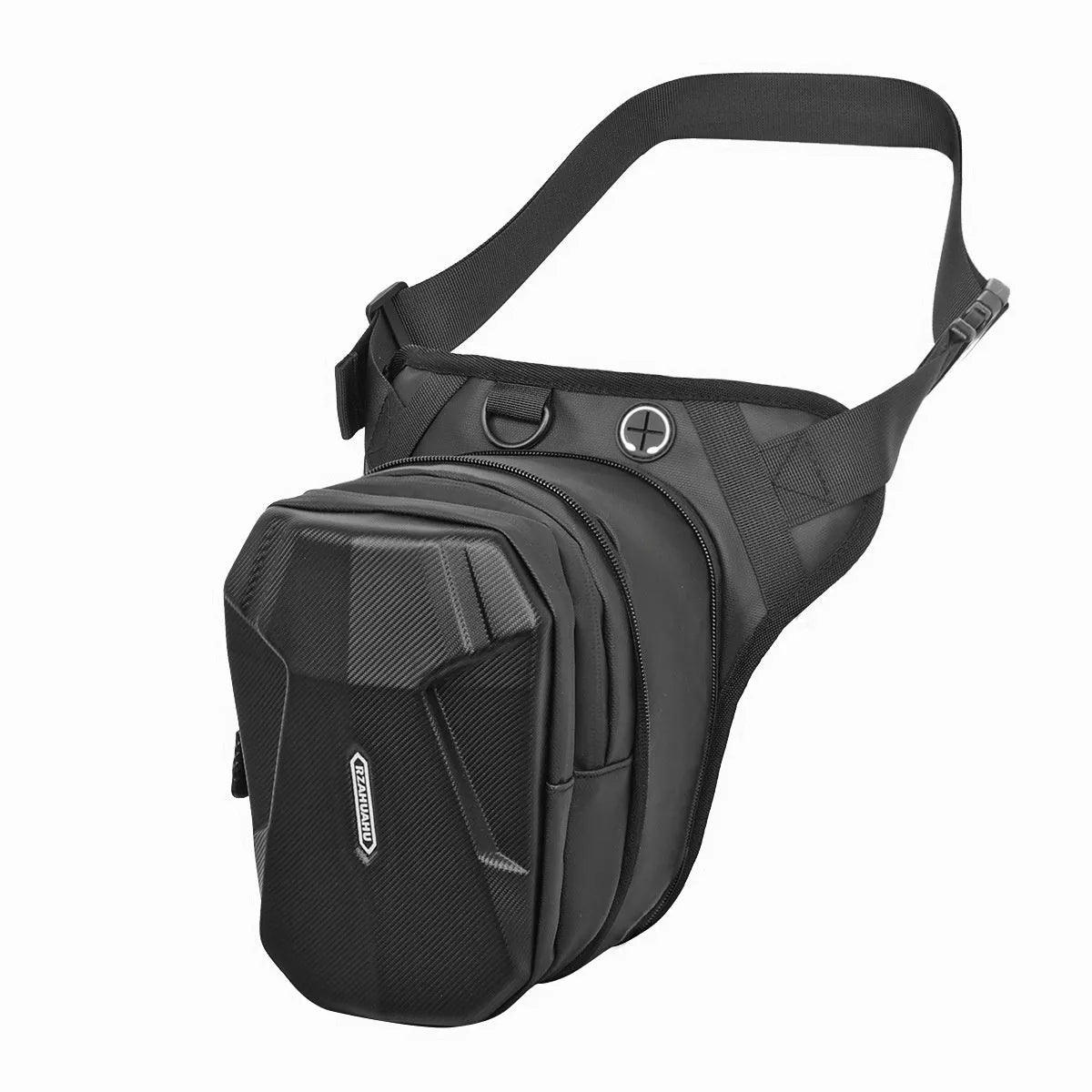 Black polyester motorcycle leg bag for male rider size 28x25x9cm