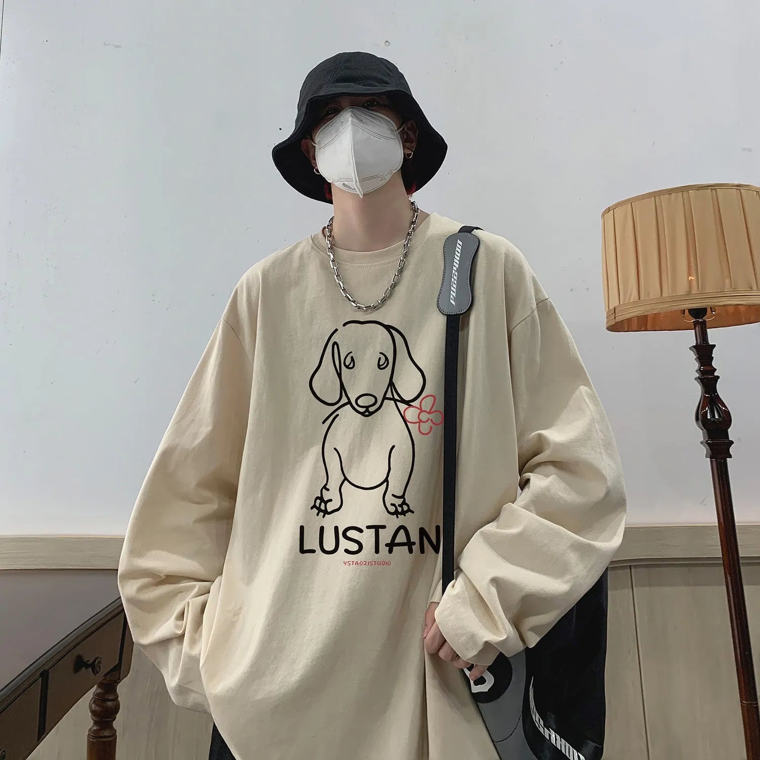 Cartoon puppy printed long sleeve cotton T-shirt in loose fit, available in multiple colours and sizes M to 5XL