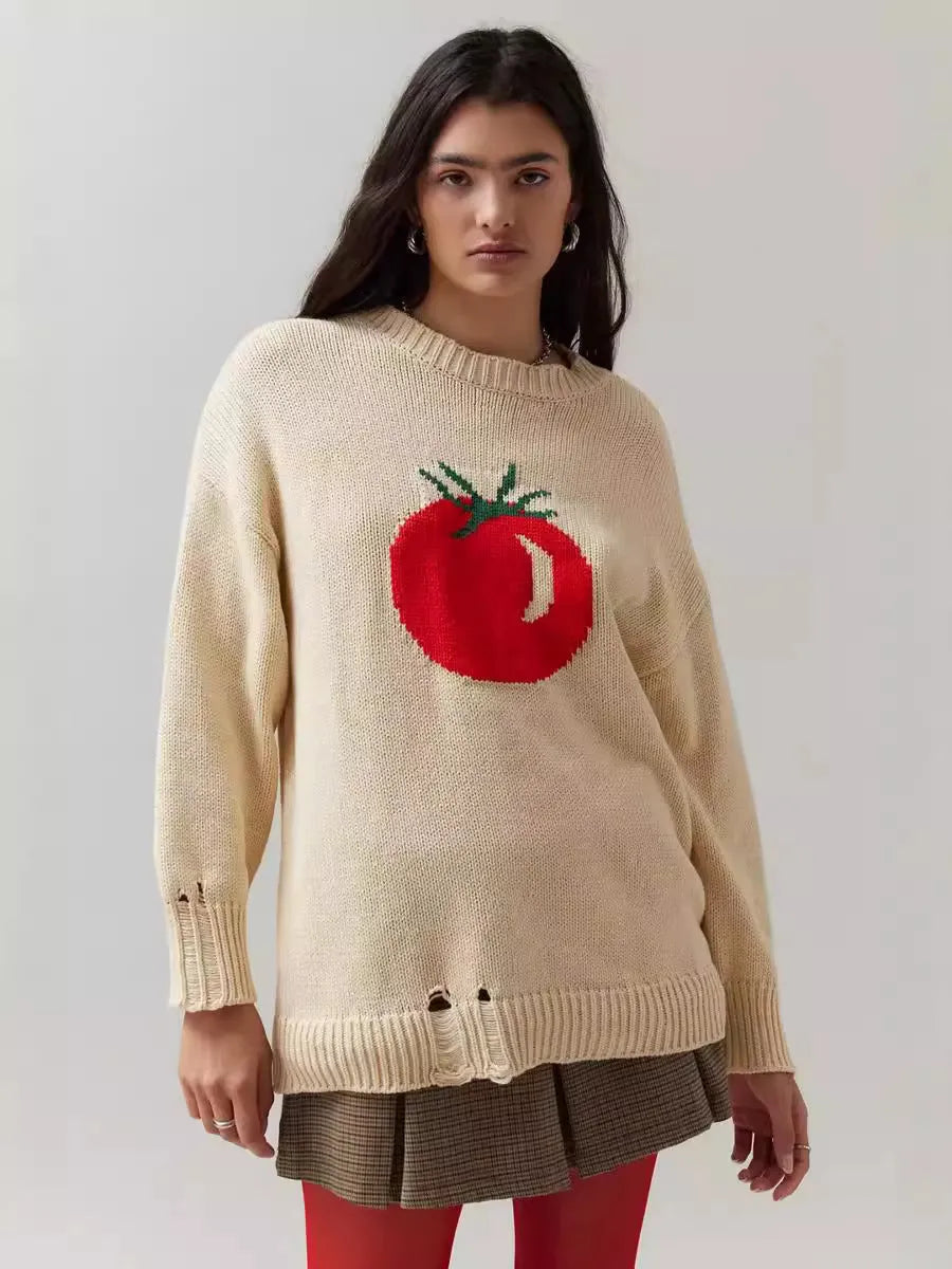 Women's milky white acrylic jacquard sweater with round neck and long sleeves