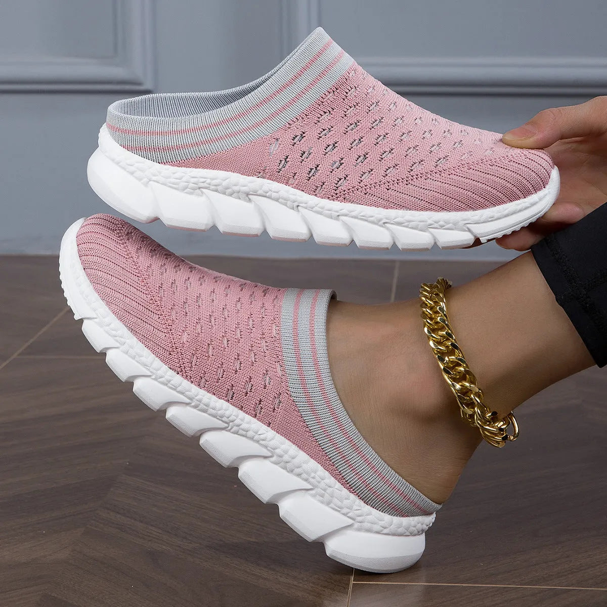 Women's black Flyknit semi slipper shoes with striped hollowed-out pattern and viscose sole