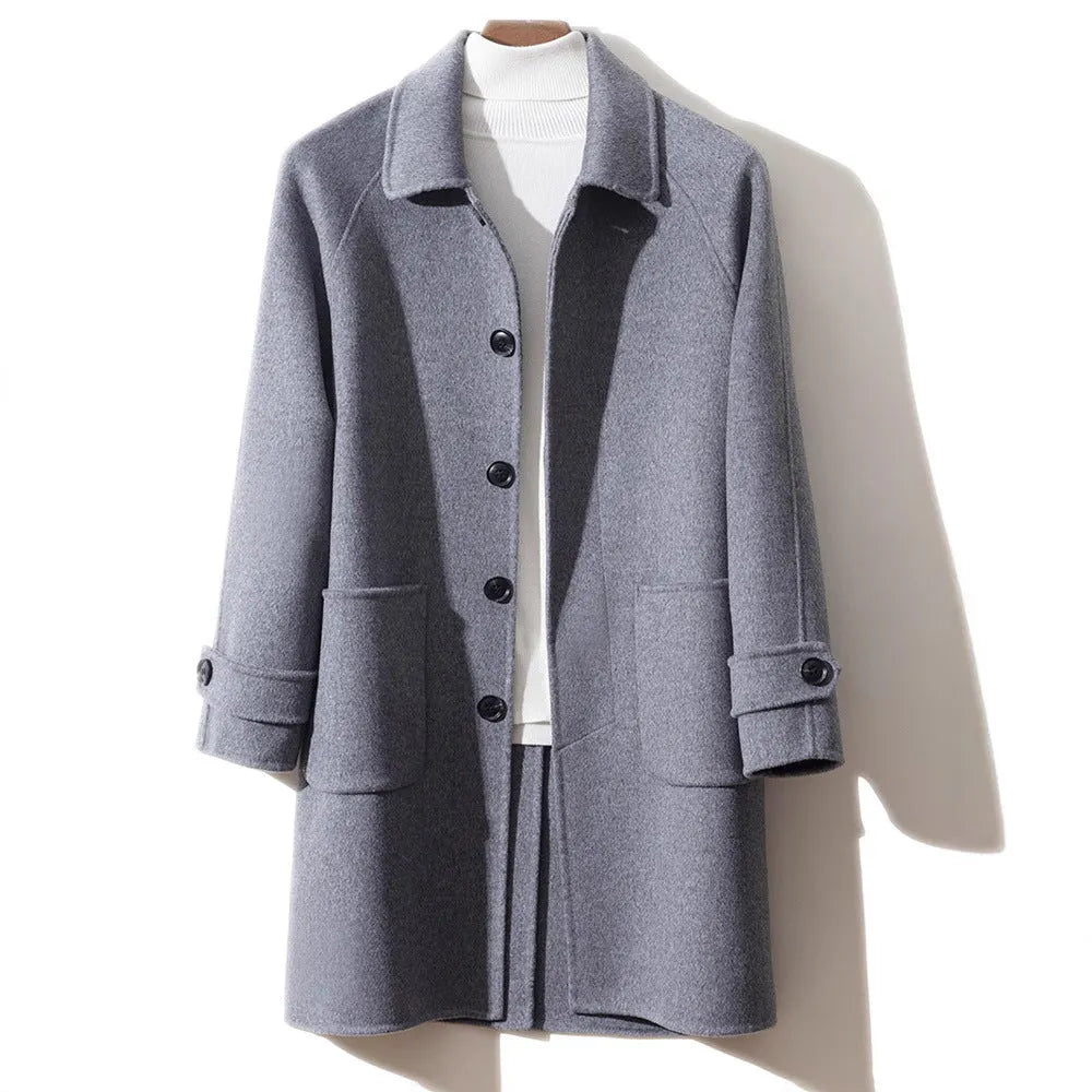 Men's wool reversible mid-length single-breasted baggy coat in black with wool lining