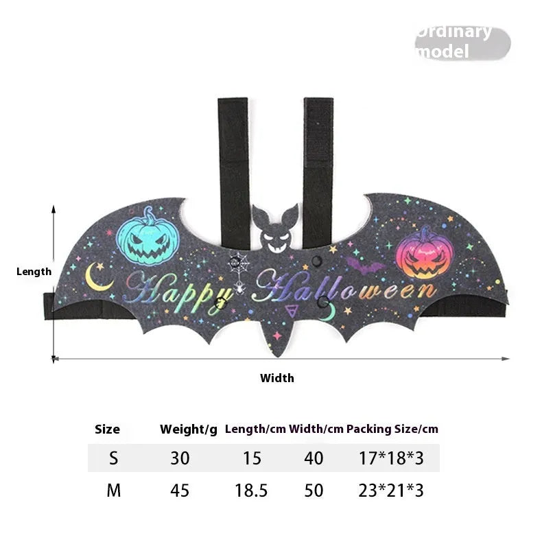 Black felt batwing Halloween costume for a cat, shown in pumpkin bat design