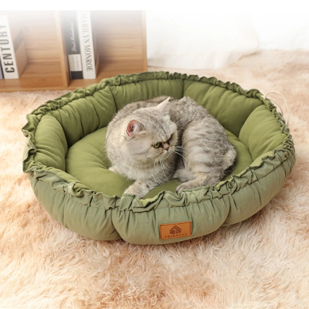 Grey and green reversible donut pet bed for cats and small dogs in three sizes