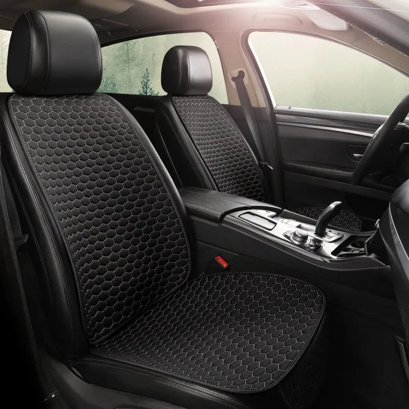 Natural linen car seat cushion in black, five-seat universal, cotton filled, with textured fabric surface