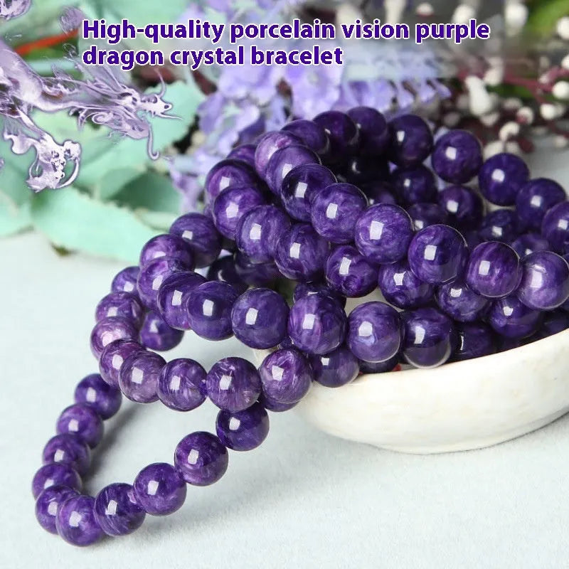 Natural transparent charoite crystal bracelet with platinum clasp, showing different bead size options.