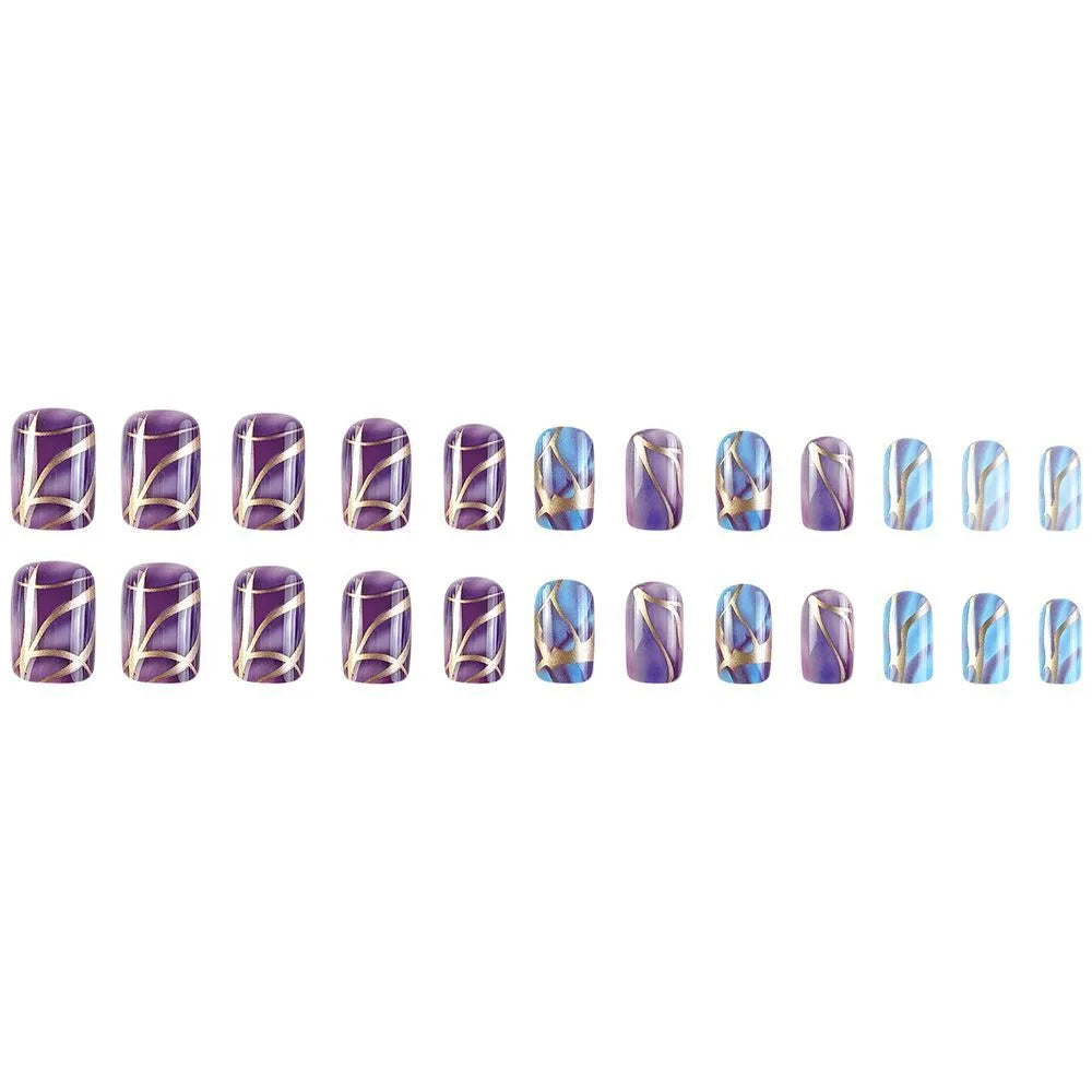 Mid-length purple and white striped nail art stickers on a nail.