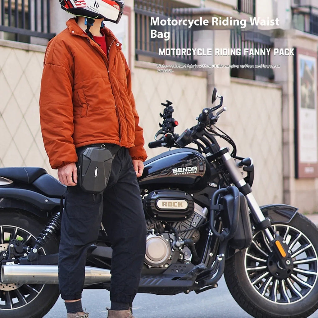 Black polyester motorcycle leg bag for male rider size 28x25x9cm