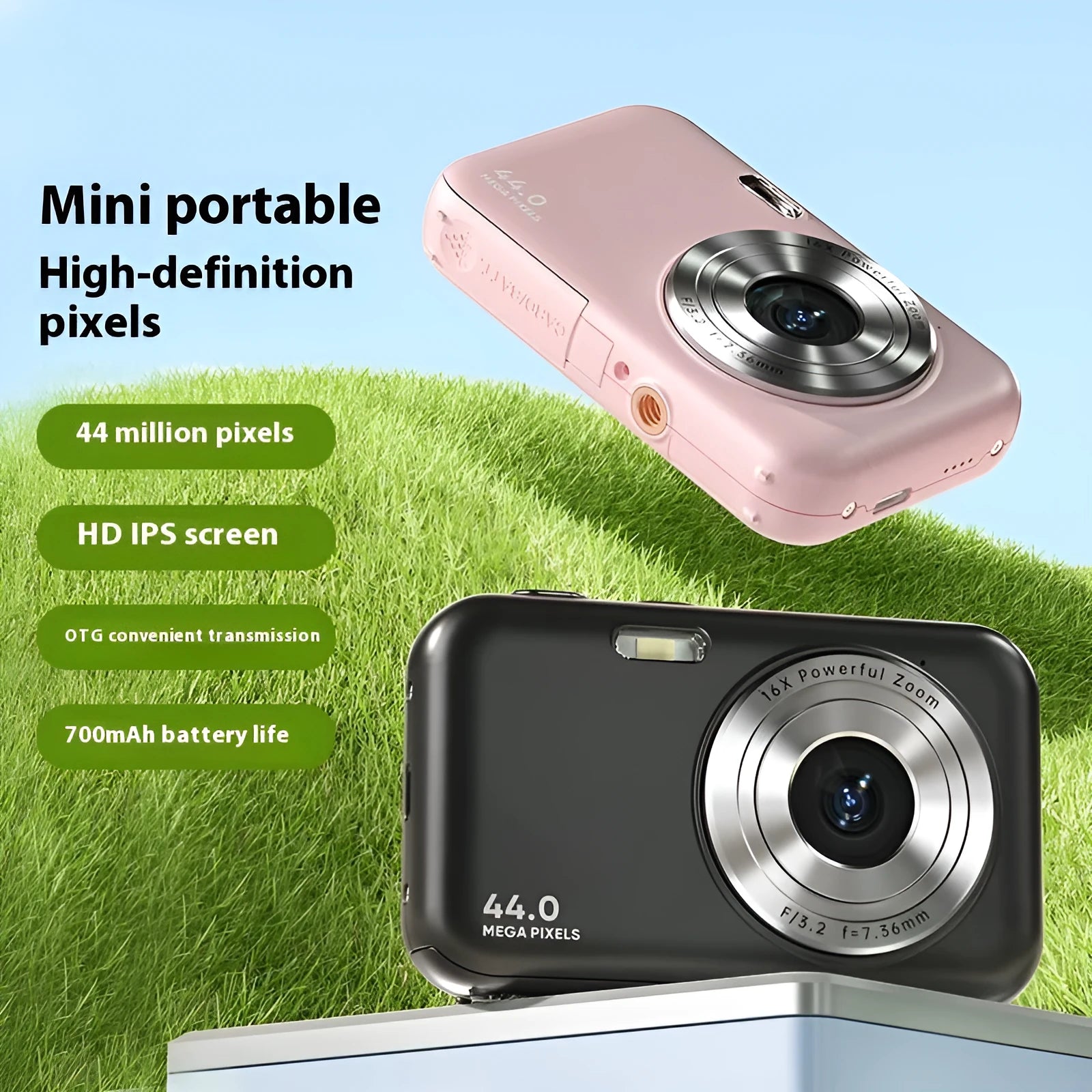 DC406L children's digital mini camera in pink showing 2.4-inch screen and lens.