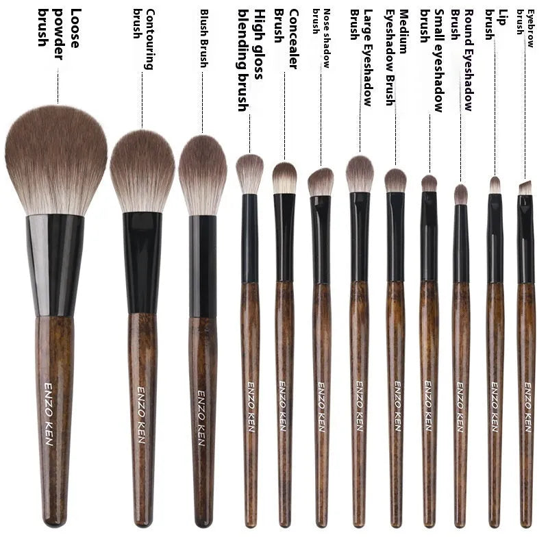 12-piece makeup brush set with wooden handles in PU storage roll
