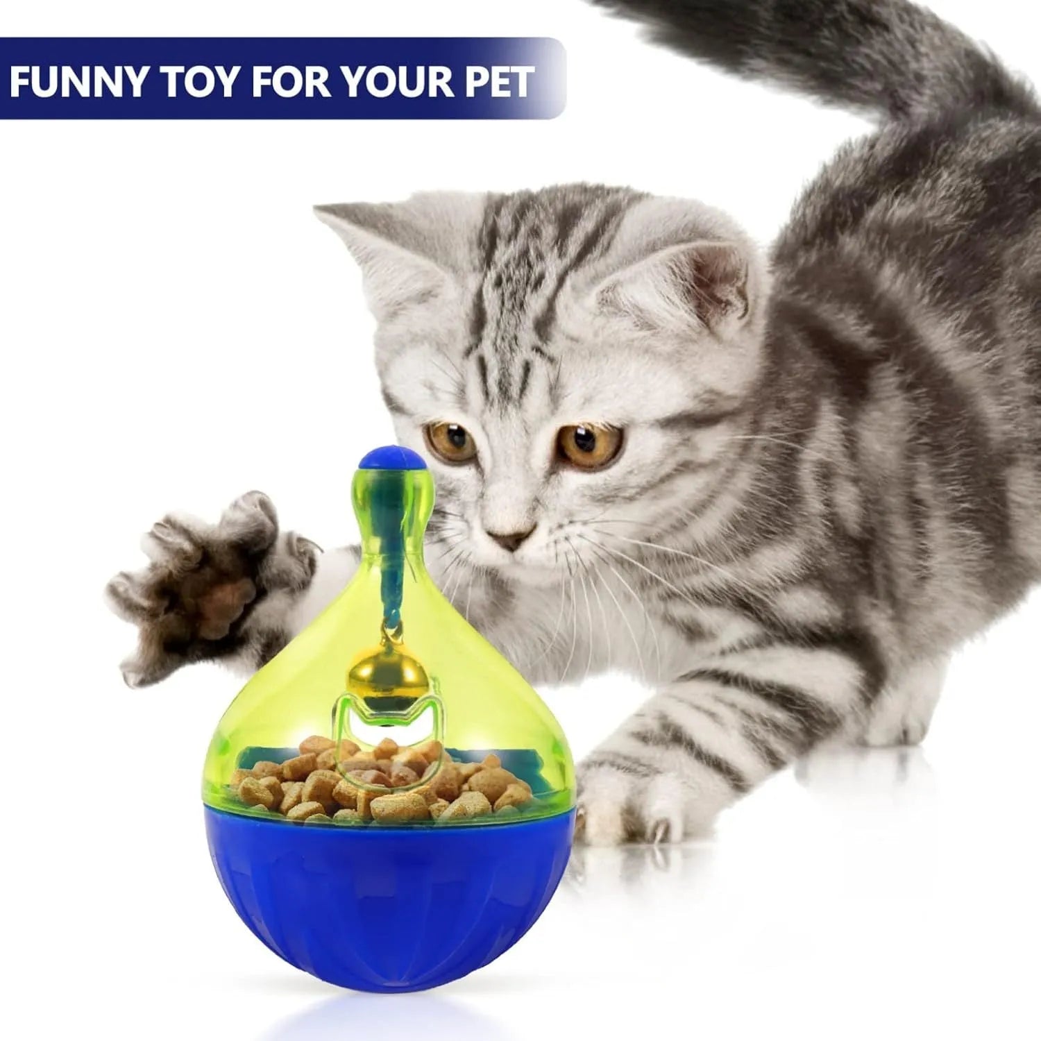 Blue tumbler-shaped pet treat dispenser toy for dogs and cats on wooden floor