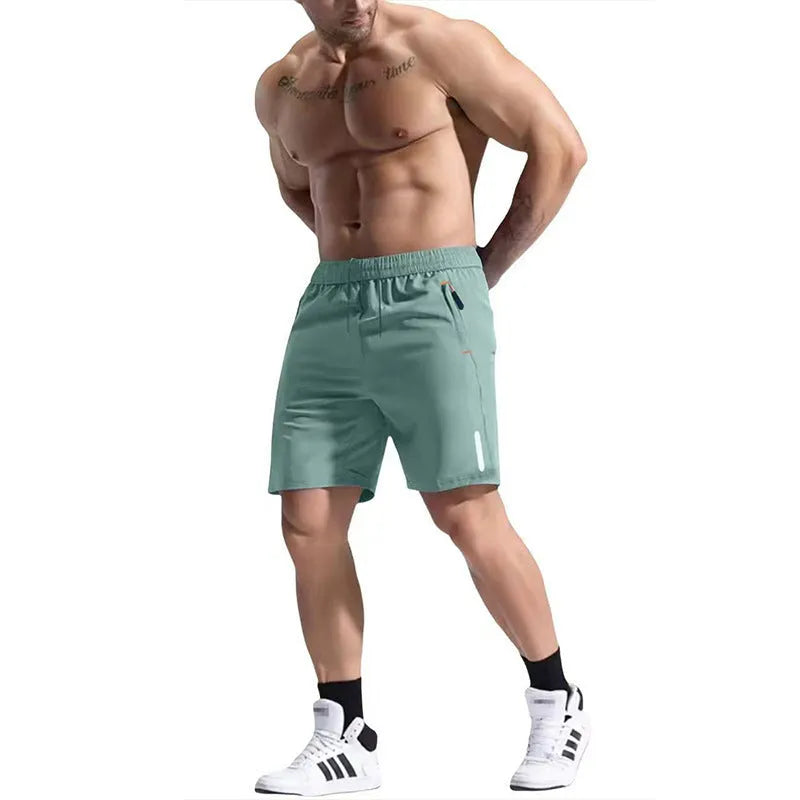 Men's elastic waist shorts in army green made from bamboo and polyester blend fabric for sports.