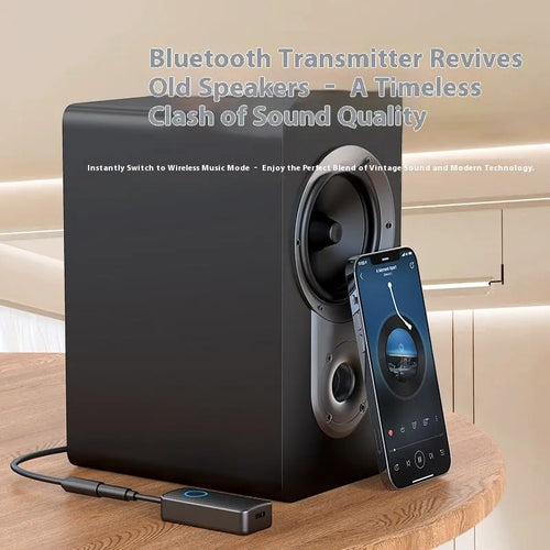 Black Bluetooth 5.4 audio adapter with a 3.5mm aux plug for wireless music streaming.