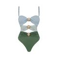 Women's high-waist split bikini set with matching skirt in yellow or green colour