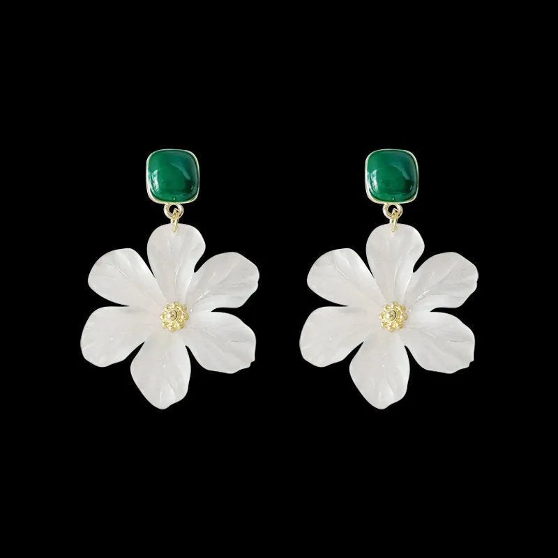 Dark green alloy earrings with needle flowers design and sterling silver-style finish