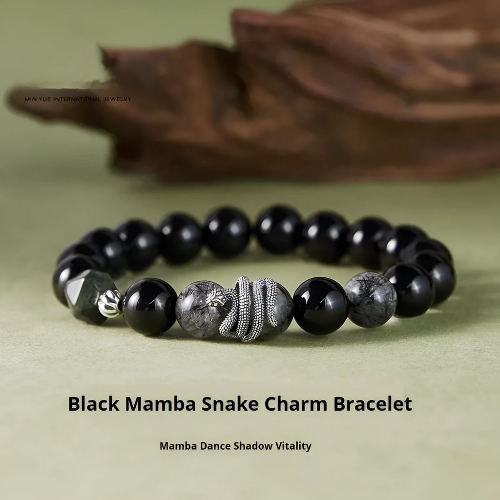 S925 sterling silver men's bracelet with obsidian black hair crystal and retro snake birth year design