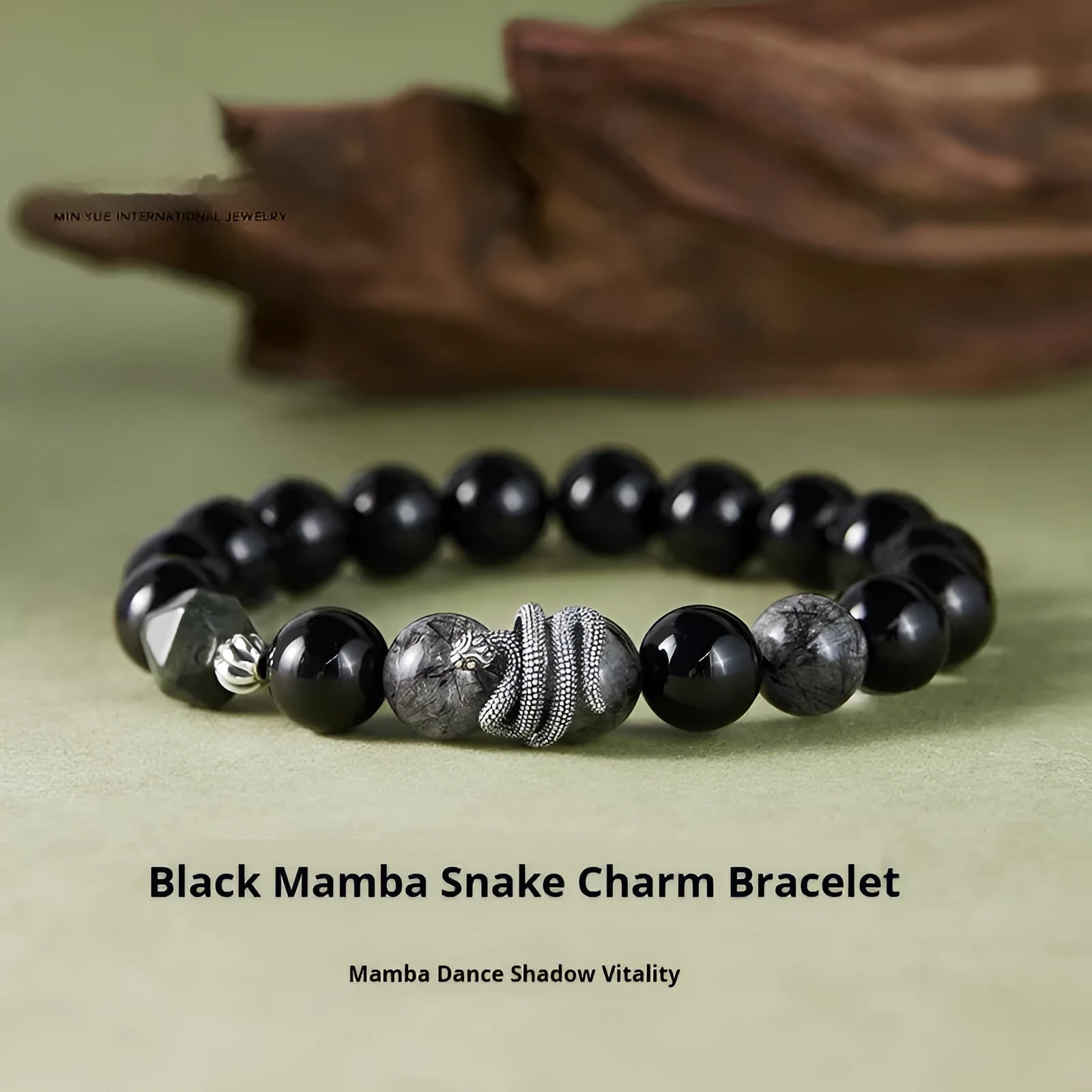 S925 sterling silver men's bracelet with obsidian black hair crystal and retro snake birth year design