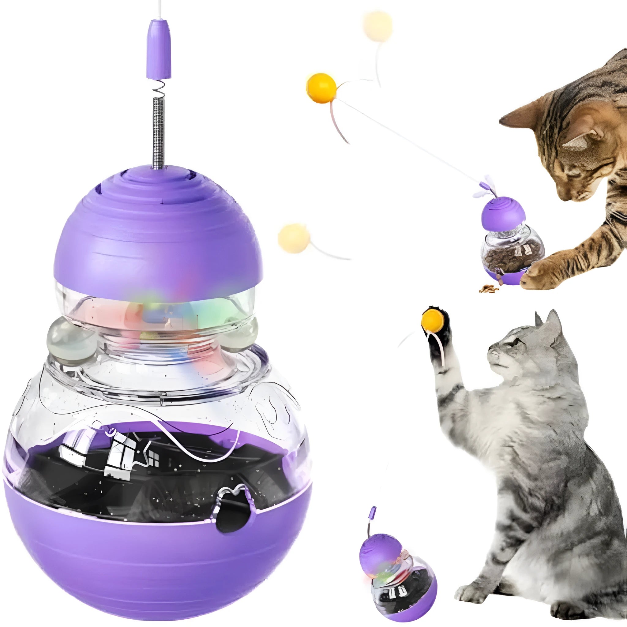 Electric yellow cat interactive toy wand with bouncing ball, ribbon teaser, and rotating food dispenser base