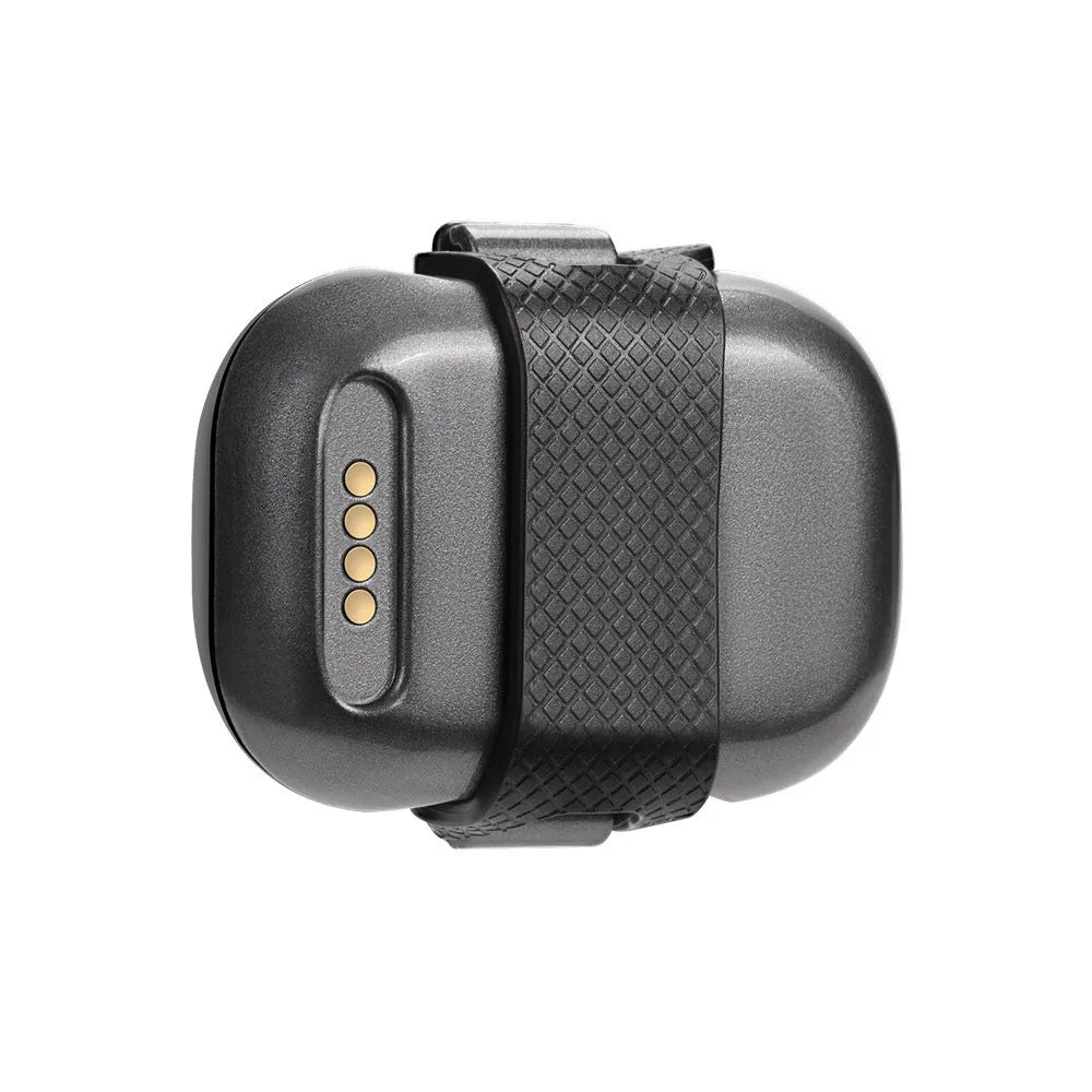Black pet GPS tracker with hanging rope showing dimensions and USB charging port