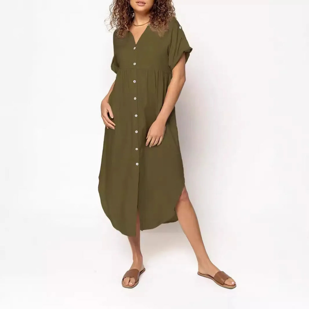 Loose temperament mid-length casual dress with button detailing in polyester fabric
