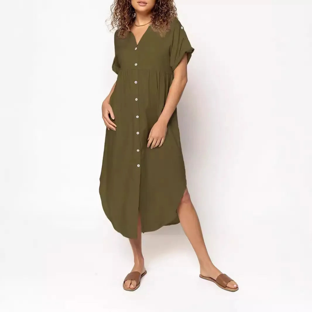 Loose temperament mid-length casual dress with button detailing in polyester fabric
