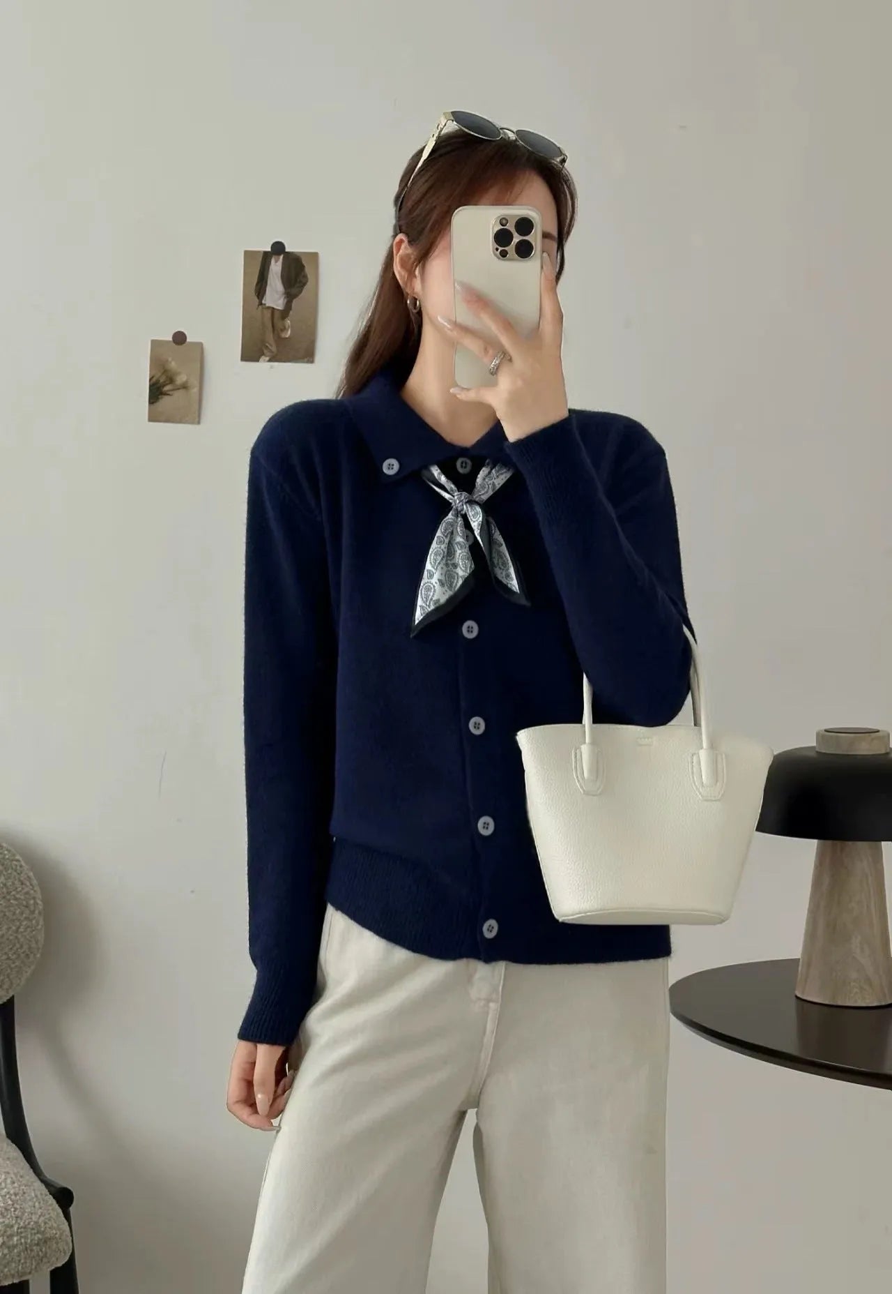 Lazy fashion lapel scarf cardigan sweater in acrylic fibre with splicing design