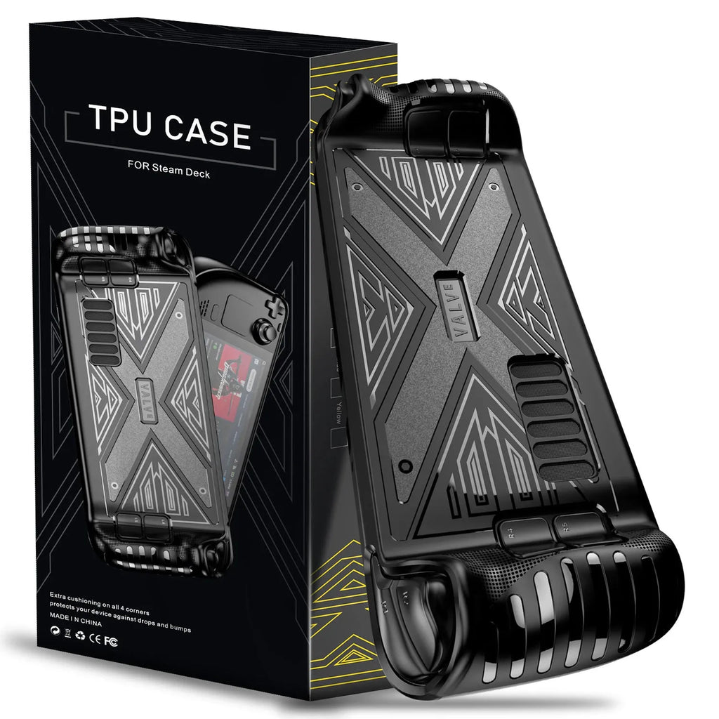 Red, blue, and black TPU soft shell protective cases for the Steam Deck handheld console.