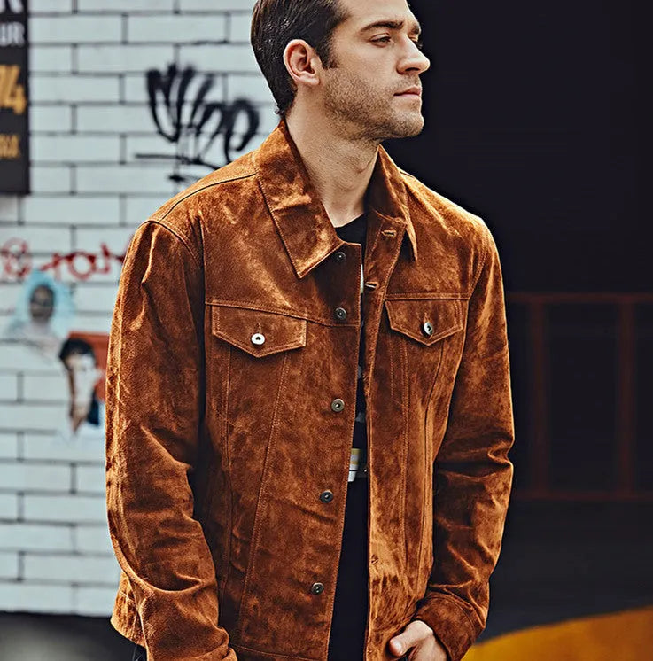 Men's brown pig skin leather biker jacket with zip front and pockets, American casual style