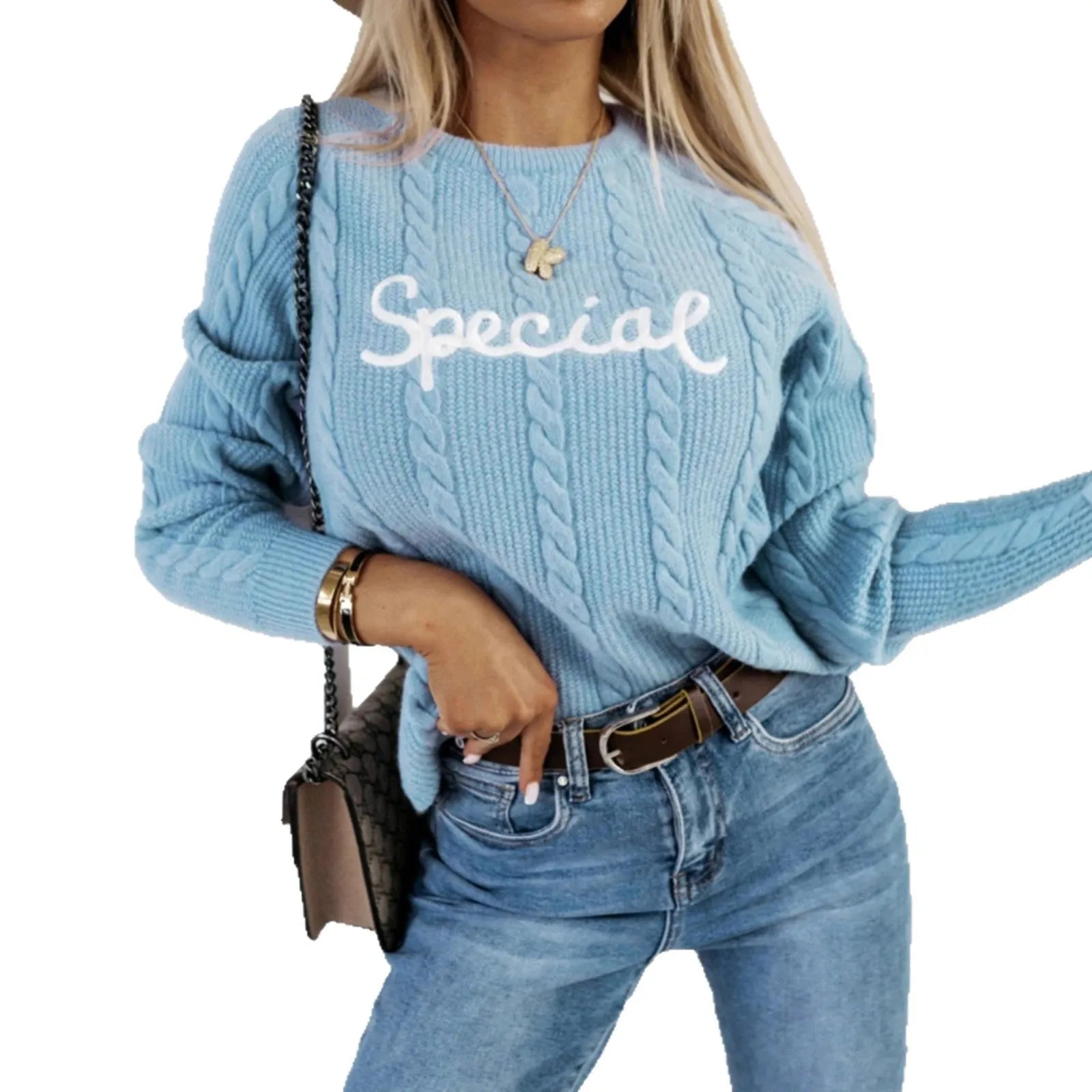 Blue pullover sweater with embroidered letter design on crew neck knitwear