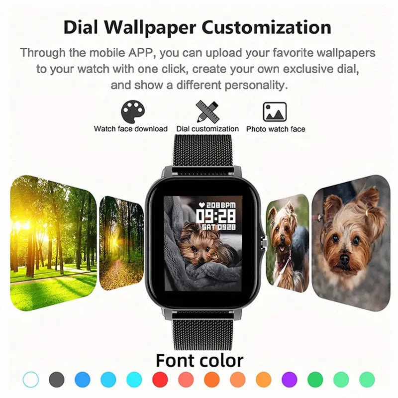 Smart watch with 144-inch touch screen showing heart rate display and Bluetooth calling interface