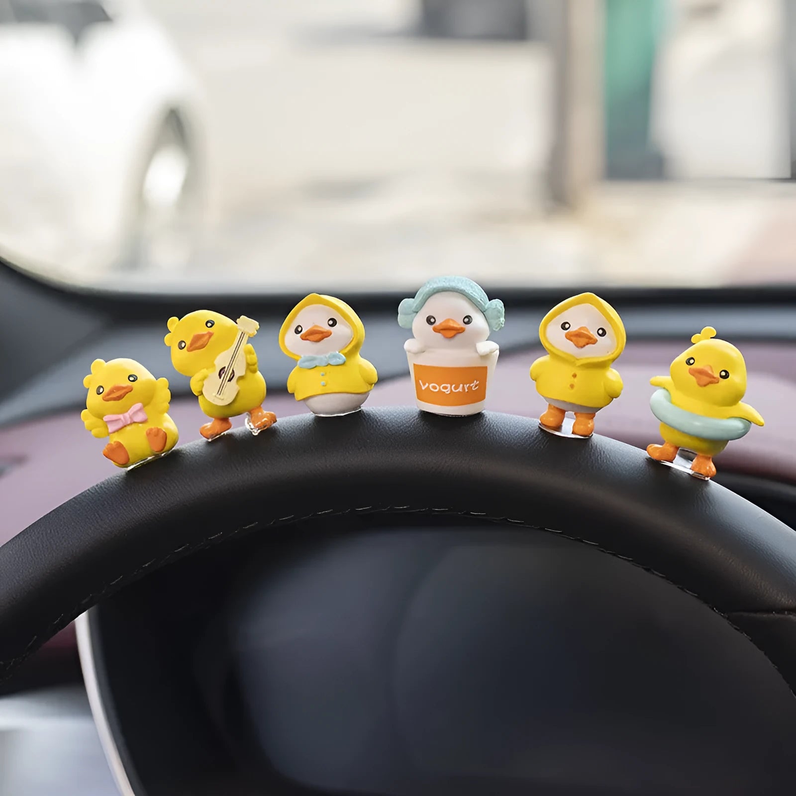 PVC cartoon duckling car decoration set with six small ducks and one sign label for vehicle interior