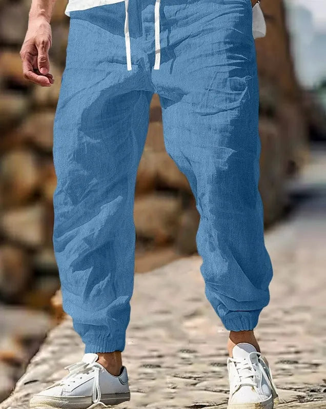 Men's straight-leg linen trousers with elastic waistband in seven summer colour options