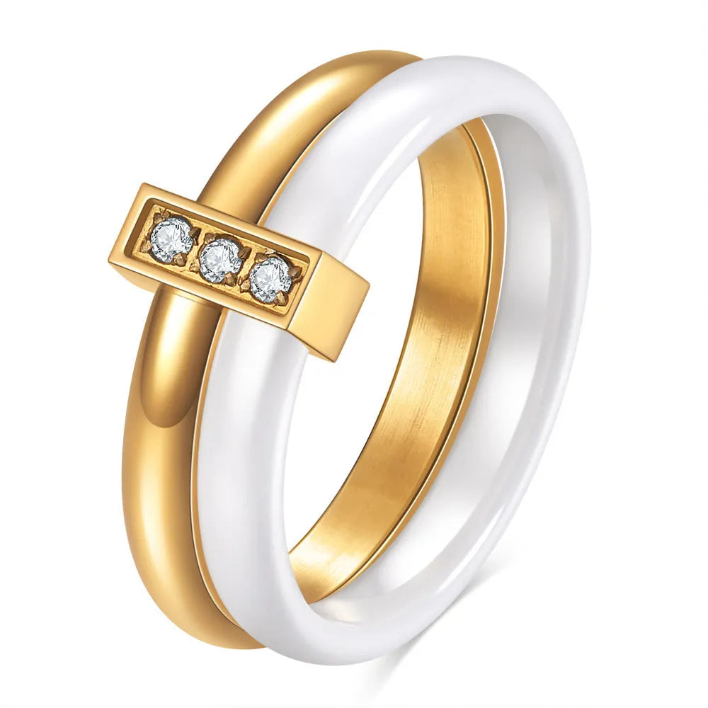 Ceramic women's ring with zirconium inlay in steel black or golden white