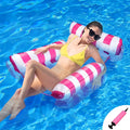 Striped inflatable floating bed in light blue and white, 124x99cm, on pool water surface