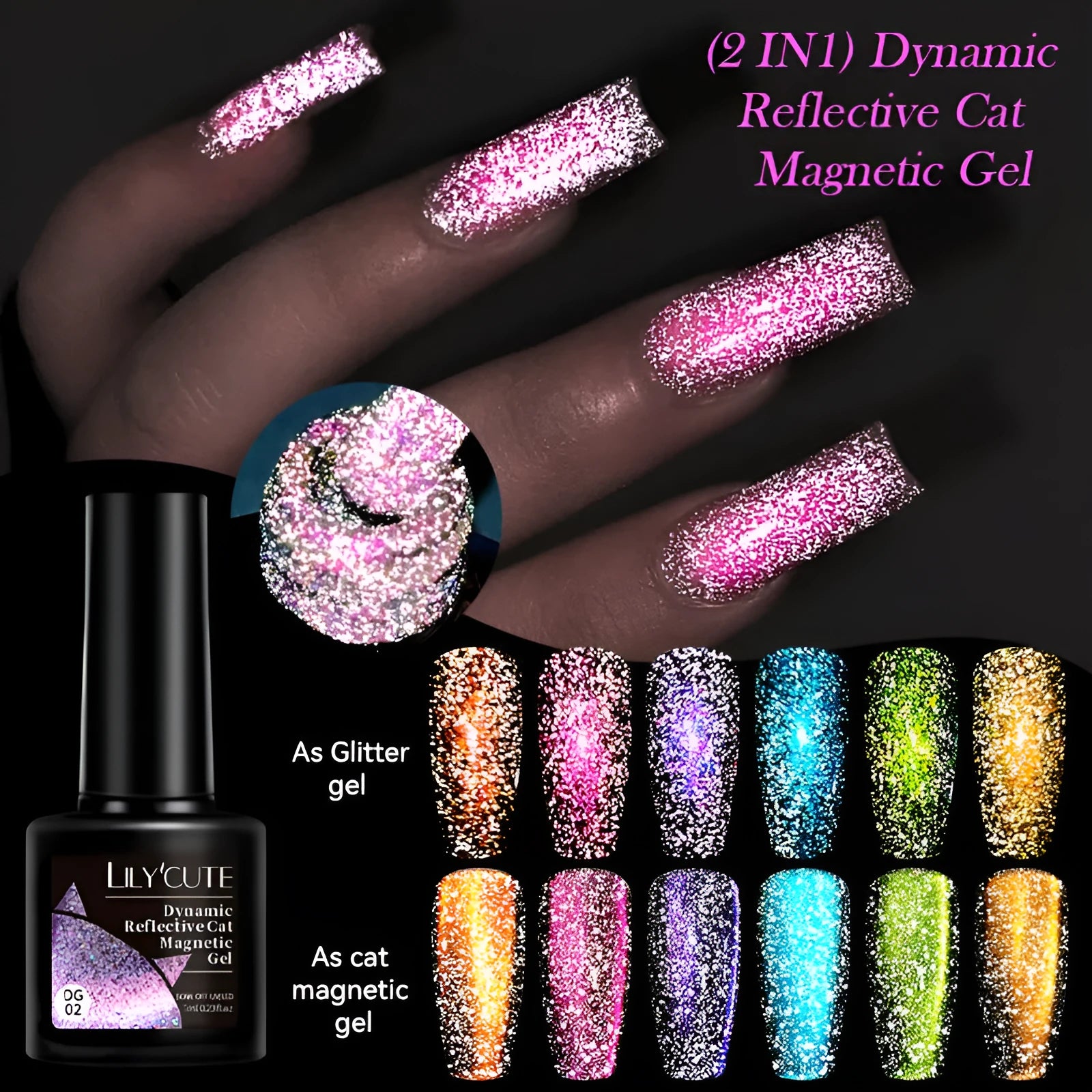 Diamond in the Debris Cat Eye Series nail polish gel bottles in six colours with glitter and fragment texture