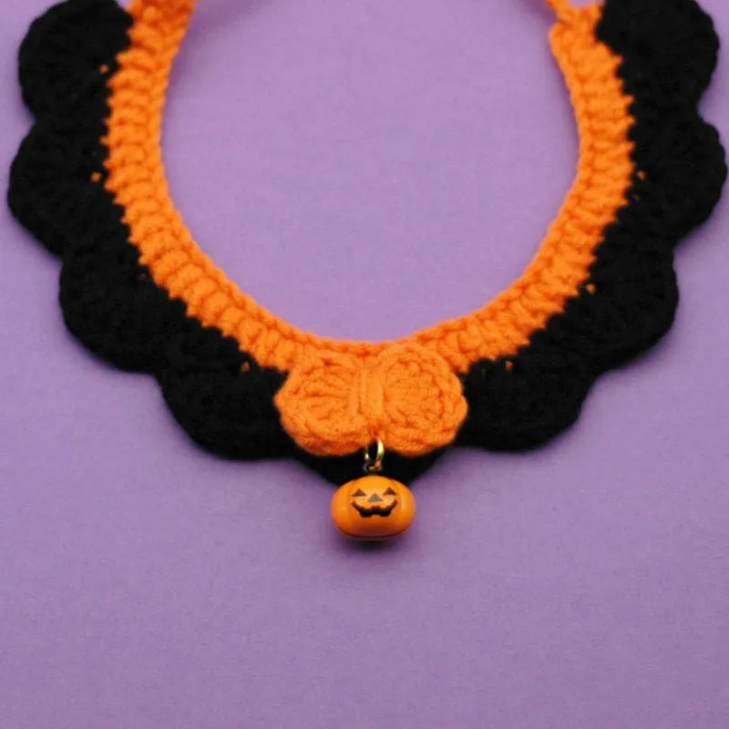 Hand-crocheted wool pet collar in pumpkin colours with adjustable sizing