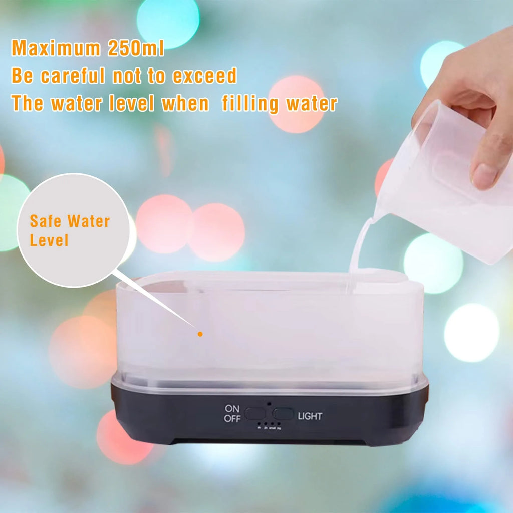 Wood grain snowflake pattern desktop humidifier with 7 colour flame effect and remote control