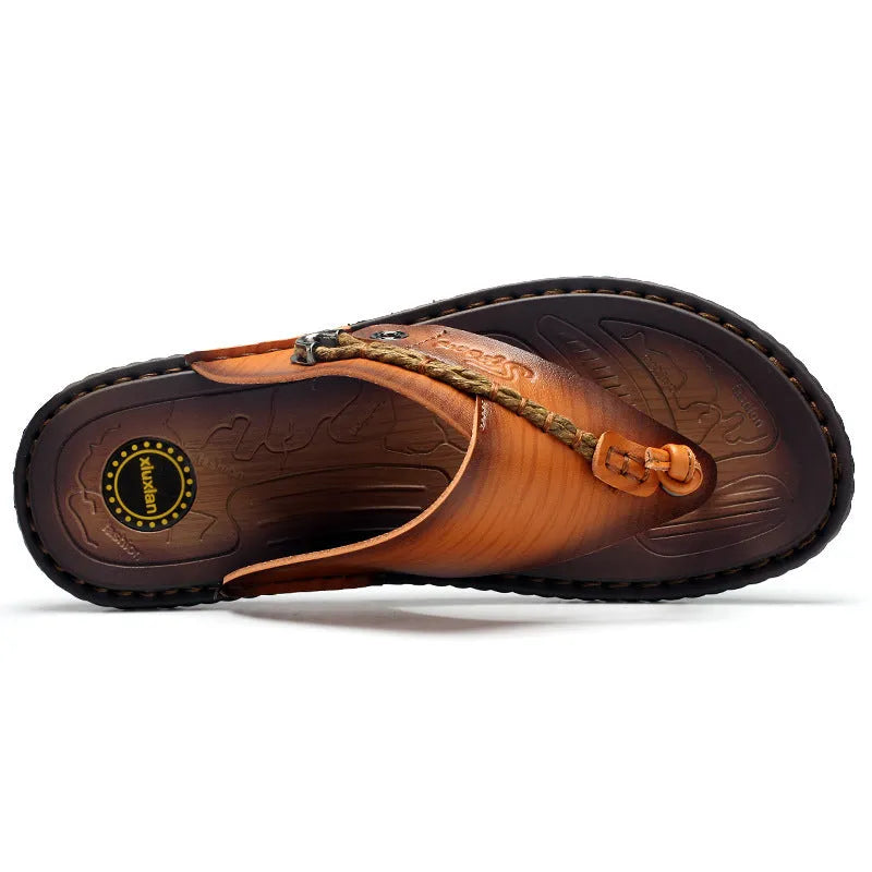 Men's dark blue herringbone-patterned outdoor slippers with artificial PU upper and rubber sole