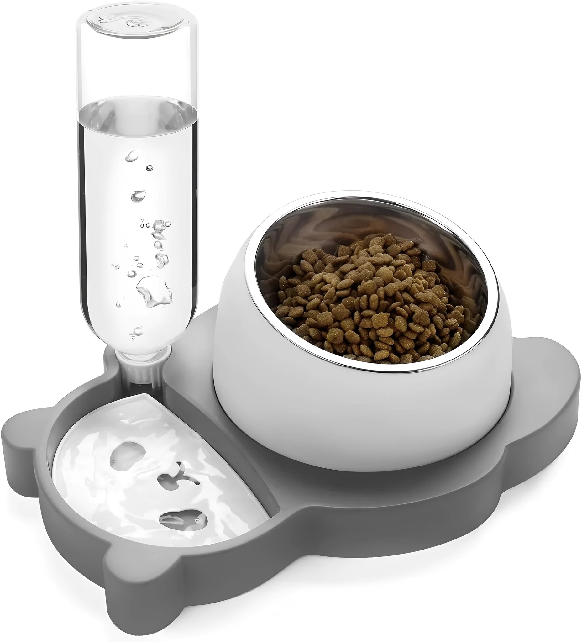 Grey and green tilted elevated pet bowl set with automatic water dispenser bottle for cats and small dogs.