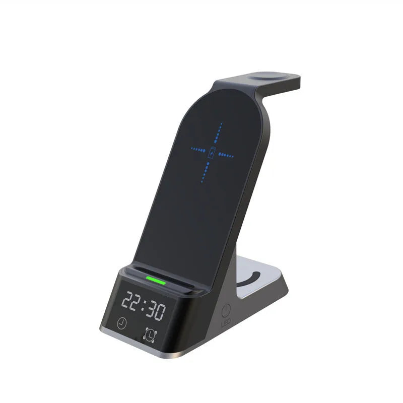 Black six-in-one wireless charging alarm clock station with digital display charging smartphone and Apple Watch