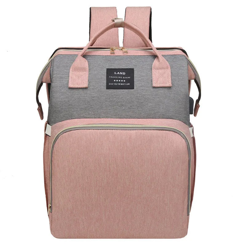 Multifunctional maternity diaper backpack with removable foldable crib in green Oxford fabric