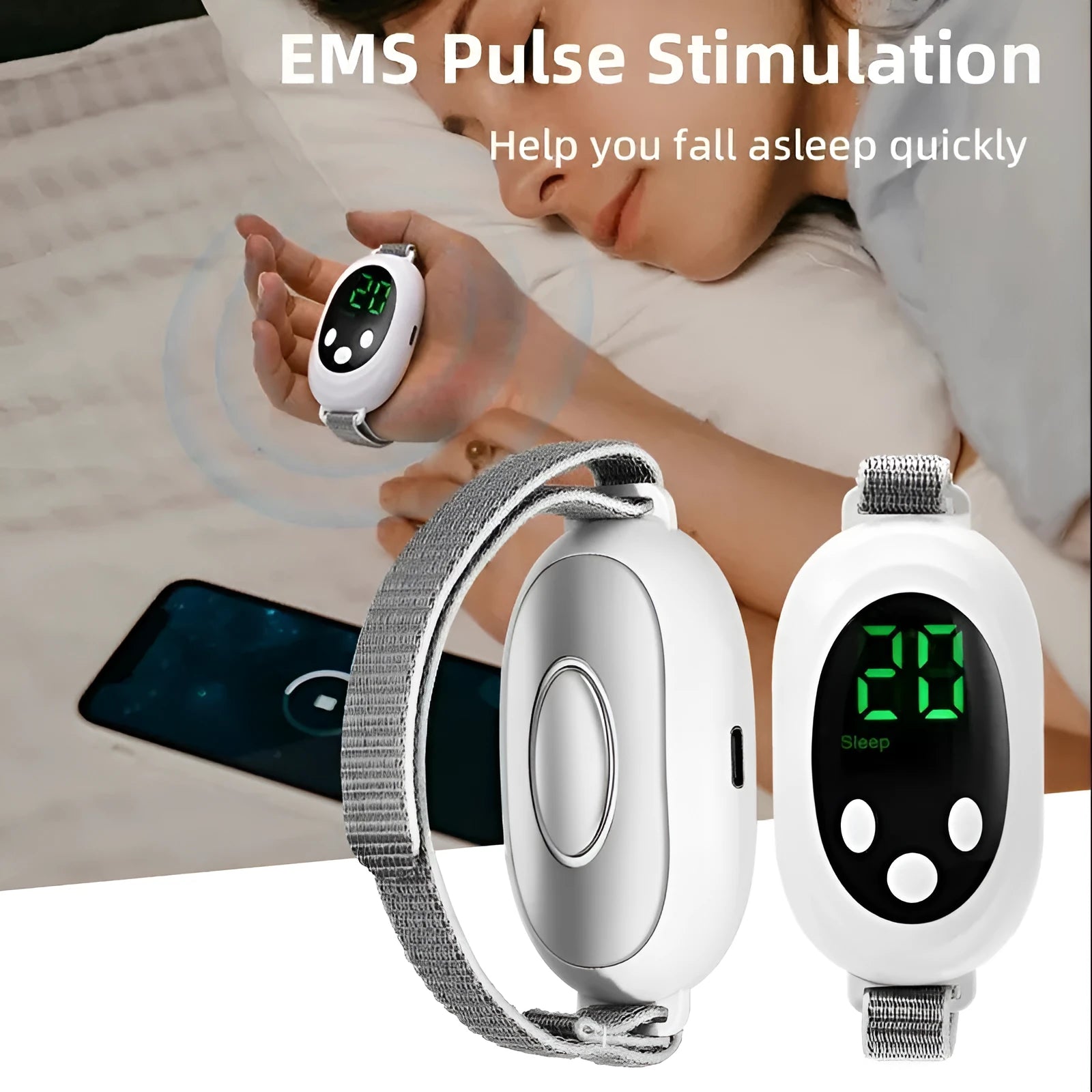 White intelligent sleep aid device with handheld remote control showing adjustable settings