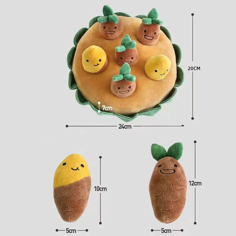 Yellow interactive dog puzzle toys with sniffing pads, feeding mats, and removable squeaky plush toys