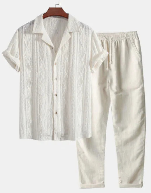 Men's slim fit camouflage print linen shirt and trousers casual set.
