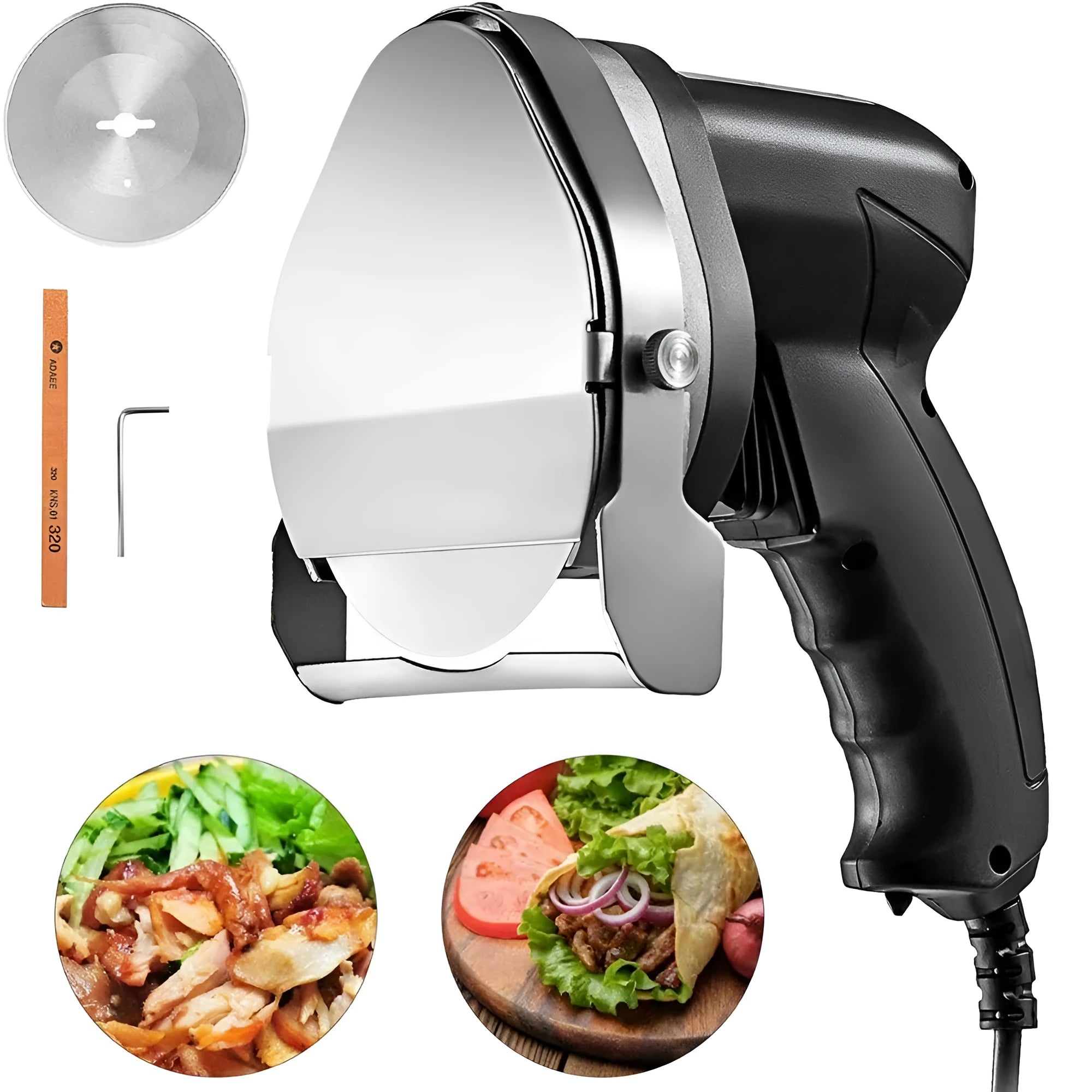 Black electric meat cleaver with blade for turkey barbecue machine, showing EU plug.