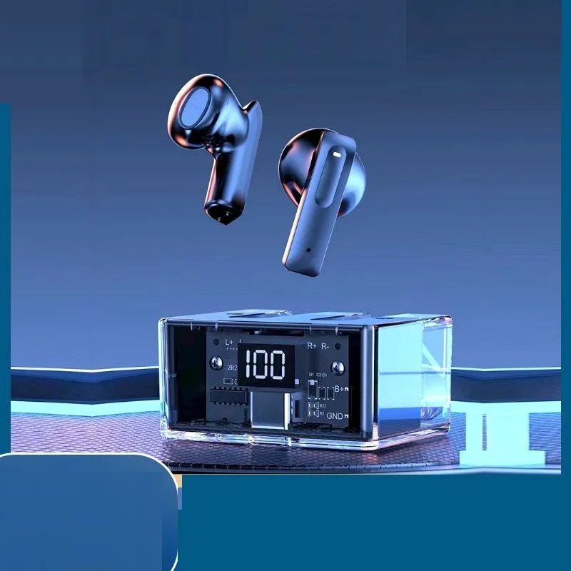 Transparent space capsule case showing true wireless Bluetooth earbuds with digital battery display