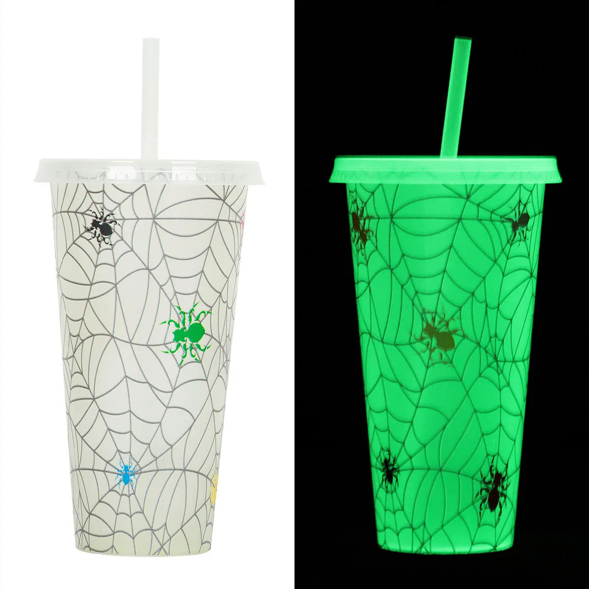 A 720ml cylindrical plastic cup with a luminous straw, shown in various colours for Halloween.