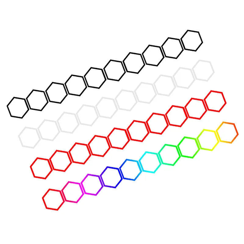 Set of 10 reflective hexagon pattern car body stickers in black, white, red, and colourful, each 8.4x10cm