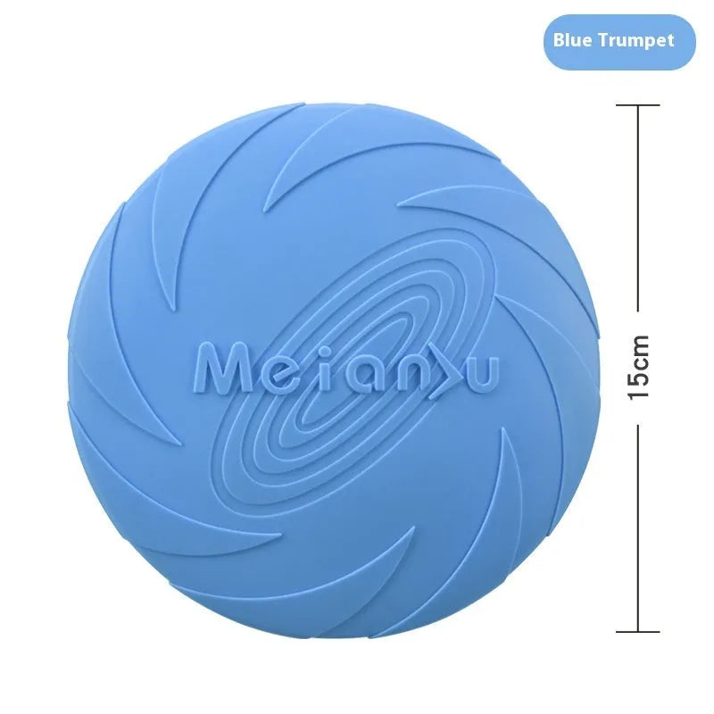 Soft rubber dog frisbee flying disc toy in red, blue, and green colours showing small, medium, and large sizes