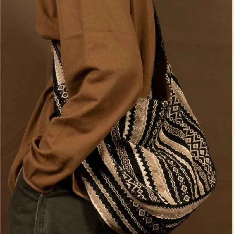 Vintage jacquard striped corduroy messenger bag with adjustable plaid shoulder strap