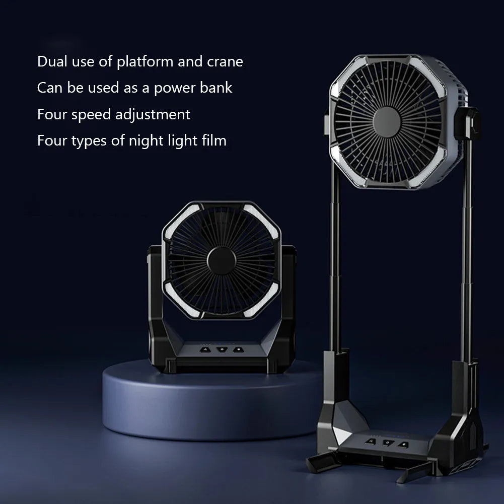 8000mAh telescopic wireless camping fan in orange with aluminium tube, four speeds, and night light on a picnic table